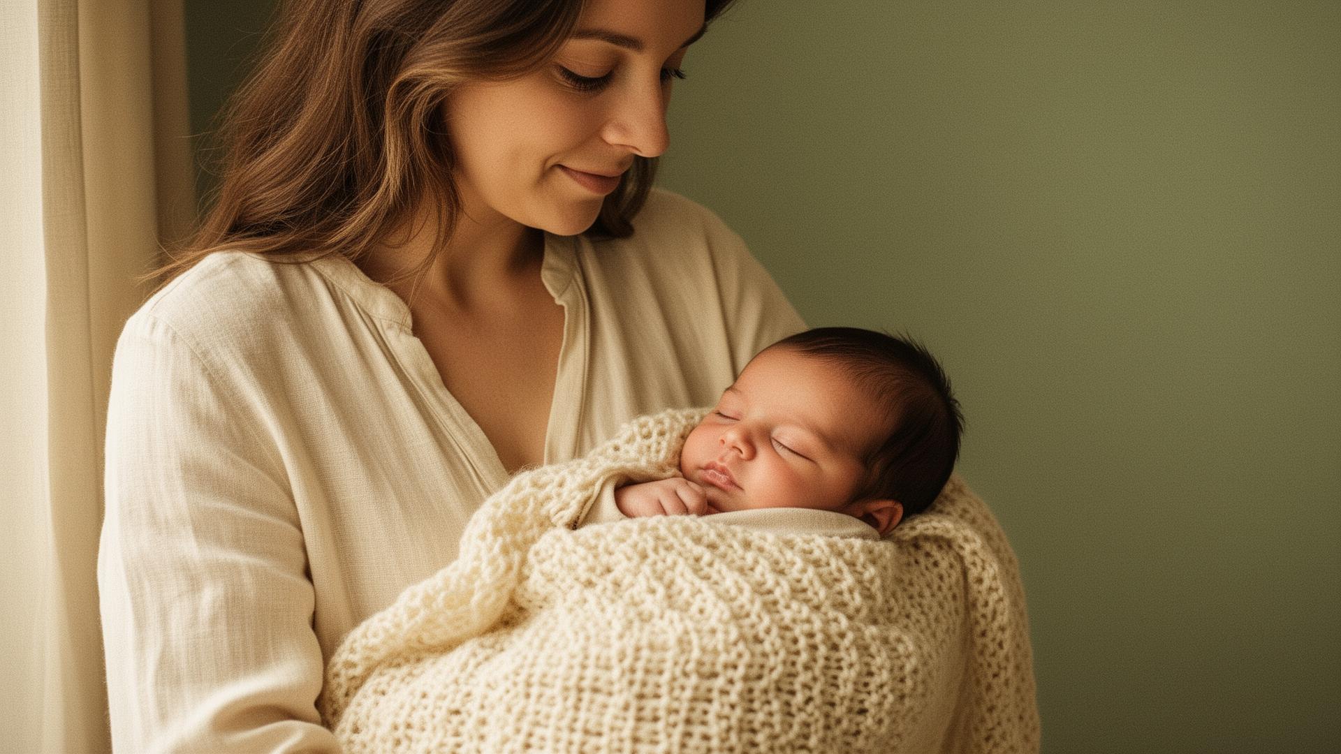 A mother holding her newborn wrapped in a Montéa heirloom blanket