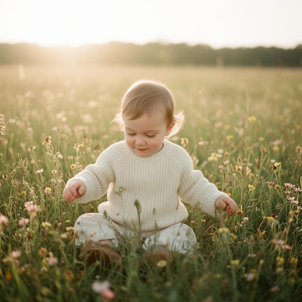 A toddler in a cream Montéa cardigan in a wildflower meadow